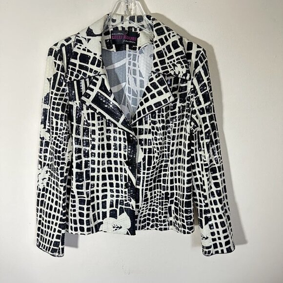 KELLI KOURI Women's Size M Collared Blazer Jacket Sequin Black White Printed - Picture 1 of 12